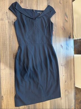 ANTONIO MELANI Navy Pinstripe Off-Shoulder Sheath Dress